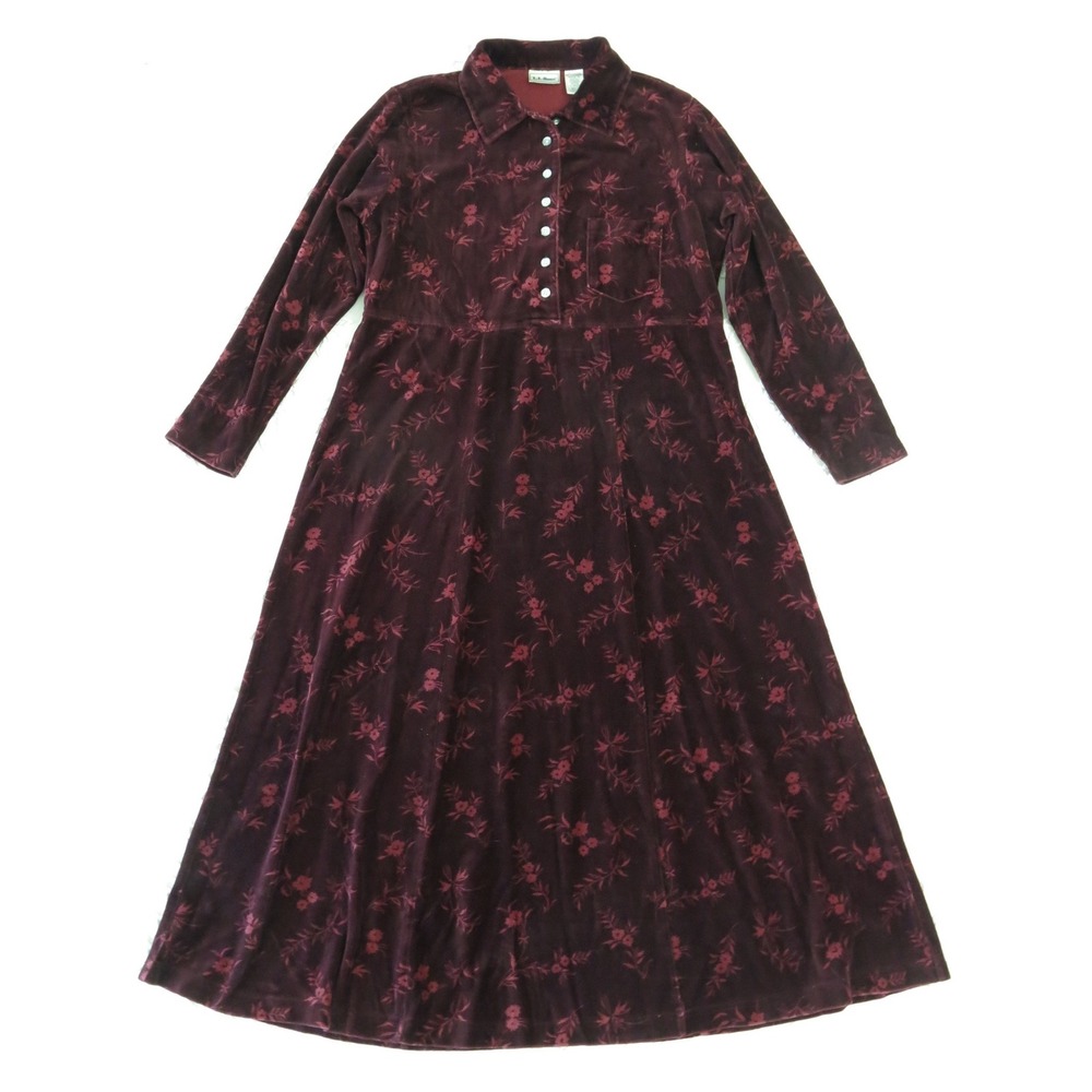 Vintage LL Bean Cotton Velvet Maxi Dress Burgundy Floral Petite 6 Velour 90s Y2K